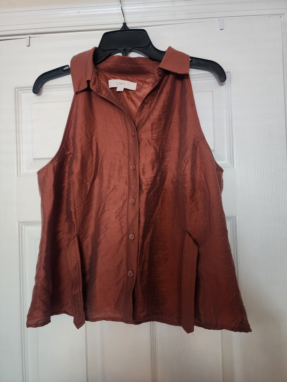 LOFT Rust-Colored Sleeveless Button Front Collared Top